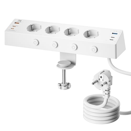 Tischsteckdose mit USB C 20W, Kinglink Steckdosenleiste Schreibtisch einzeln Schaltbar, 4Fach Mehrfachsteckdose mit Schalter, Überspannungsschutz mit 2M Kabel für Zuhause Büro, Weiß