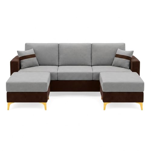 Image of Strike Dual Tone Plush 5 Seater L Shape Sofa Set with 2 Movable Ottomans | Flexible Layout | Silken Velvet Suede| Golden Metal Legs| for Living Room & Office Spaces (Dark Brown & Dark Grey)