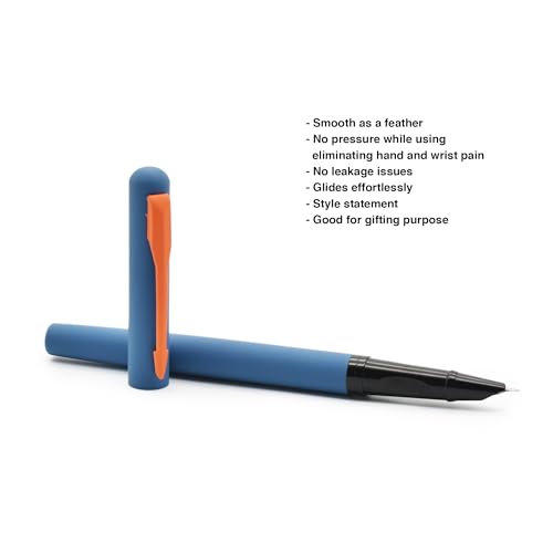 Image of BUZZ COOL Fountain Ink Pen With Ink Converter Pump | Blue Body, Orange Clip Metal Fountain Pen with Fine Nib(0.5mm) | Zero Ink Leakage Smooth Writing Ink Pen