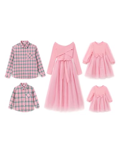 PATPAT Family Outfit Set – Long Sleeve Partner Look Mother Daughter Dress, Mum & Child Princess Festive Matching Outfits, Women, Baby Girls, Men & Boys Autumn & Spring, Light-Pink