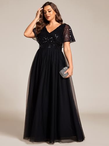 Ever-Pretty Plus Women's V Neck Curvy Short Sleeves A Line Sequin Plus Size Formal Evening Dresses 02223-DA3