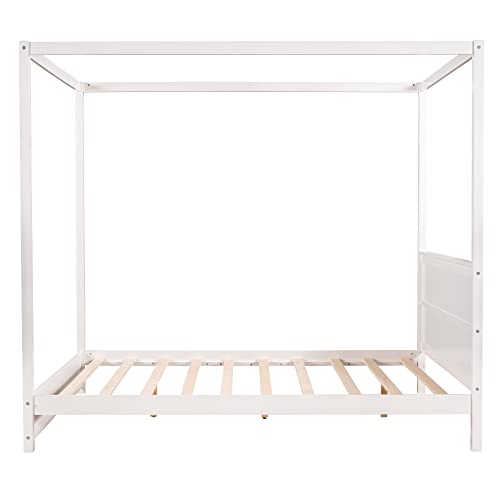 Harper & Bright Designs Canopy Bed Frame Queen Size, Four-Poster Canopy Platform Bed Frame With Headboard, Wooden Queen Bed With Support Legs, Easy Assembly, No Box Spring Needed (White) #TOP4