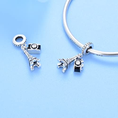 Image of ARTCHARM Travel Series Charms for Bracelets Paris Eiffel Tower, Passport, Vintage Camera Photo Picture Photographer Sterling Silver Charms