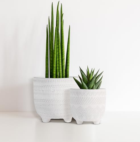 Olly & Rose Andaluz - Juego de macetas de cerámica de 2 a 16,5 cm, 11,5 cm, color blanco roto con patrón grabado, macetas medianas para exteriores e interiores, macetas blancas