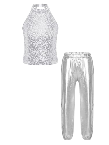 easyforever Kids Girls Hip Hop Jazz Street Dance Outfits Sleeveless Halter Sequins Crop Top with Metallic Pants Set Silver 10 Years