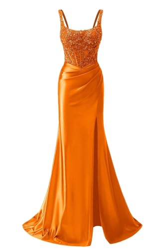 Mermaid Satin Sequin Prom Dresses for Women 2026 Spaghetti Straps Lace Applique Sparkly Evening Dress with Slit Beaded Backless Formal Party Gown Orange 0