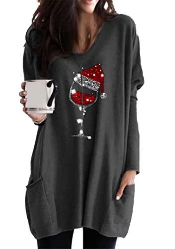 EFOFEI Femme Robe Pull Cadeau de Noël Sweat-Shirt à Double Poche Latérale Sweat Décontracté Chic Pullover avec Poche Verre à Vin Gris Foncé XXL Cover