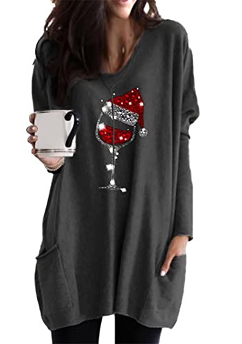 EFOFEI Femme Jolie Pull Imprimé Flocon de Neige Robe Pull Cadeau de Noël Sweat-Shirt à Double Poche Latérale Sweat Décontracté Chic Verre à Vin Gris Foncé XL