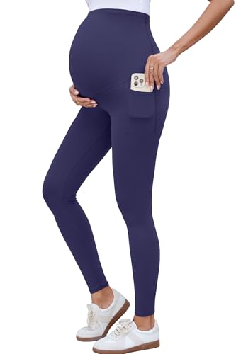 OUGES Womens 2025 Summer Maternity Leggings with Pockets Over The Belly Soft Yoga Pants Activewear Pregnancy Must Have Casual Summer Maternity Clothes (Royal Blue, M)