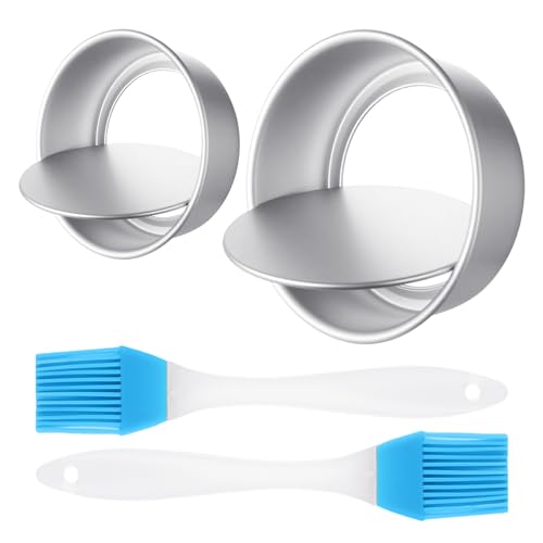 COACOM 2 Moldes Redondos para Tartas con Base Extraíble, 2 Cepillos de Silicona, Herramientas de Horneado de Aluminio para Fiestas de Cumpleaños y Bodas