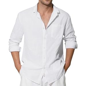 Enlision Mens Cotton Linen Shirts Long Sleeve Casual Henley Shirts Banded Collar Lightweight Solid Color Summer Beach Shirt Holiday with Pocket S-4XL