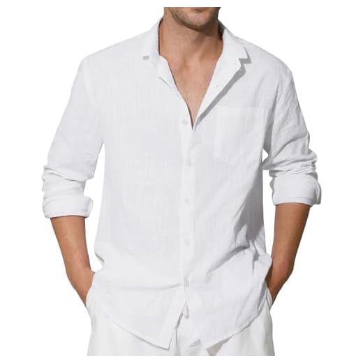 Enlision Chemise Blanche Homme en Lin Manches Longues Chemises Été Coton Henley Shirts de Couleur Unie Leger Ample Casual de Plage Mariage L