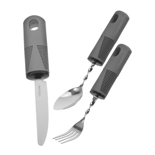 STOBAZA 3pcs Set Weighted Silverware Stainless Steel Rubber Adaptive Spoon Adaptive Utensils Weighted Forks for Hand Tremors