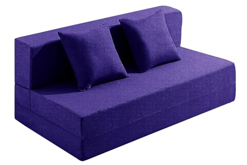 Image of Los Angeles Foldable Two Seater Sofa Cum Bed, Sofa Bed 4 X 6 Feet, Jute Fabric- Washable Cover- Including Two Cushion Perfect for Home & Office, Guest Room -Purple Color