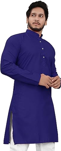Image of Cotton Blend Full Sleeve Long Plain Kurta for Men