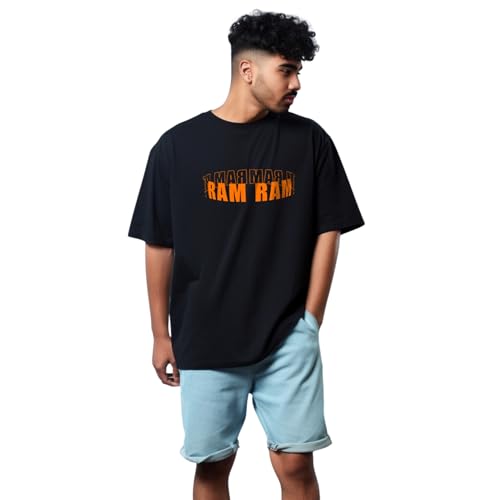 Image of Prabhubhakti Men's Oversized Shree Ram ji 3D Printed Black T-Shirt | Back Print Drop Shoulder Pure Cotton Oversized Tshirt for Men