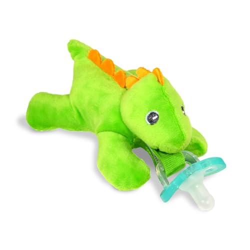 Image of RaZbaby JollyPop Pacifier, Holder w/Detachable Baby Pacifier, Stuffed Animal RaZbuddy, All Ages 0M+, 100% Medical Grade USA Made Silicone, Machine Washable, Textured & Easy to Hold – T-Rex