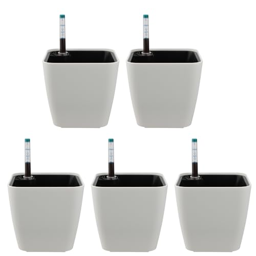 NAMYEUT 5 unidades de 14 cm cuadradas para autorriego, interior blanco, maceta con indicador de agua, maceta para hierbas autorriego para plantas en interiores y exteriores
