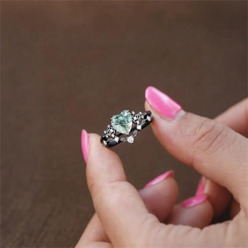 Natural Moss Agate Engagement Black Ring Set for Women Customizable 10K /14K /18K Soild Gold Wedding Ring Set Gothic Vintage Promise Stacking Rings Free Engraving Size 4-154