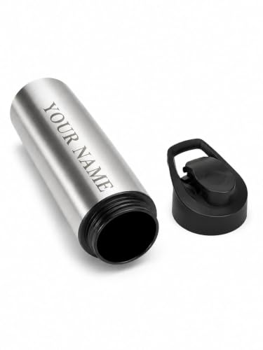 Image of Personalised Stainless Steel Water Bottle, Silver, 500ml, Leak Proof, BPA Free, Custom Name Print, Brushed Finish