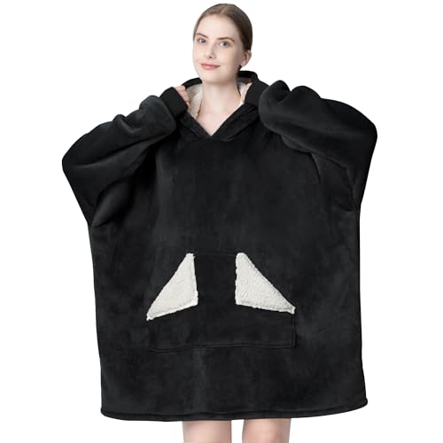 Touchat Wearable Blanket Hoodie, Oversized Sherpa Blanket Sweatshirt with Hood Pocket and Sleeves, Gifts Hooded Blanket for Adult Women Men (Black)