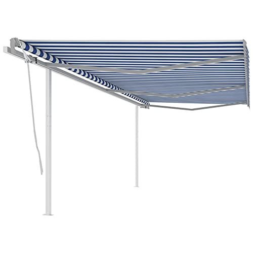 LAPOOH Toldo Manual retráctil con Postes, Toldos Exterior, Toldo De Terraza, Toldo Enrollable Exterior, Toldos Verticales, Toldos para Patio, Azul y Blanco 6x3,5 m