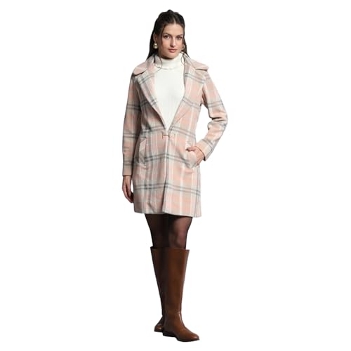 Image of Monte Carlo Womens Check Coral Notch Lapel Full Sleeve Coat 224067370-1-34