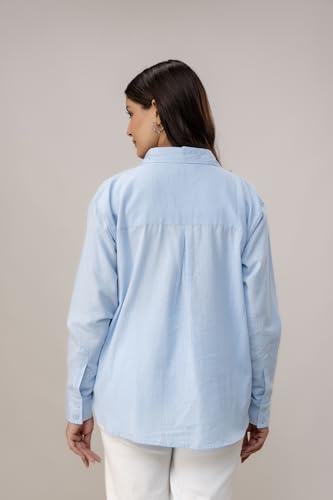 Image of Women's Linen Blend Shirt | Casual Collared Button Down Shirt for Women | Solid Color Full Sleeve Oversized Fit | Summer Casual & Office Wear Top