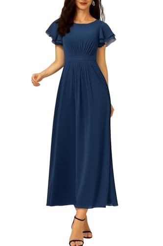 Women's Scoop Neck A-Line Formal Cocktail Party Dress Ruffle Sleeve Elegant Long Wedding Guest Dress4