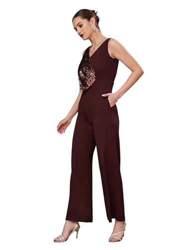 Image of Miss Chase Women's Halter Neck Sleeveless Solid Wide Leg Sequin Paneled Regular Length Jumpsuit