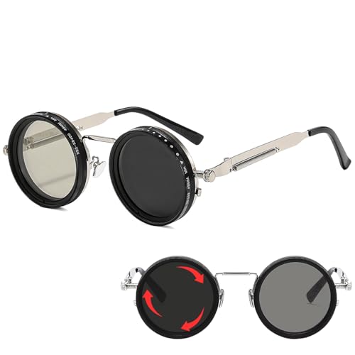 Image of Adjustable Tint Rotating Polarized Round Sunglasses for Men Stylish, Anti Glare Lenses 1-11 Gear UV400 Protection Metal Goggles for Driving Beach Retro Branded Sun Glasses