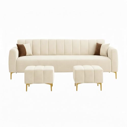 Image of Habibi 5 Seater L Shape Sofa Set with 2 Movable Ottomans | Flexible Layout | Rich Velvet Suede Fabric | Silver Legs | Modern Sofa for Living Room (Cream)