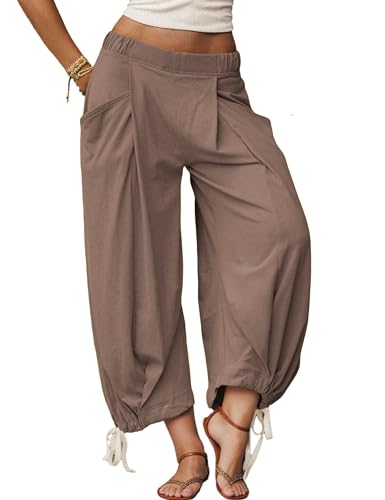 Womens Baggy Wide Leg Pants Cotton Loose Elastic Waisted Lounge Harem Beach Palazzo Trousers with Pockets