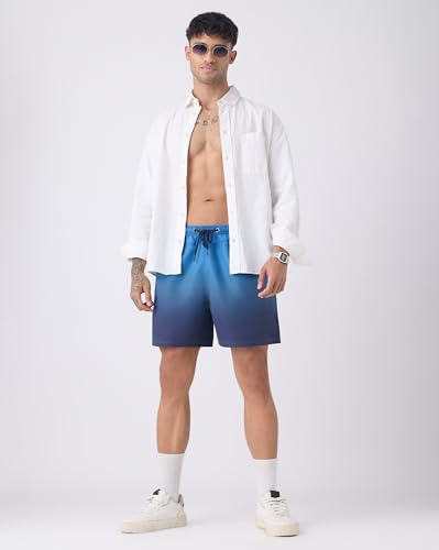 Image of The Souled Store Swim Shorts: Mosaic Men and Boys Drawstring Waist Blue Ombre Gradient Print Polyester Regular Fit Quick-Drying Zippered Lightweight Everyday All-Season Swim Shorts