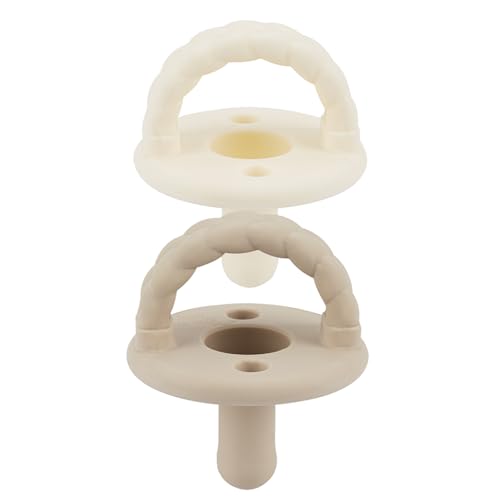 Itzy Ritzy Silicone Pacifiers for Ages 6-18 Months – Itzy Soother Pacifiers Feature Collapsible Handle & Two Air Holes for Added Safety; Set of 2 in Toast & Buttercream, Ages 6-18 Months