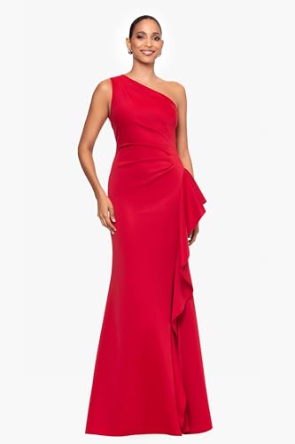 Image of Xscape Women's Floor Length One Shoulder Ruched Waist with Ruffle Bodice Evening Dress with Side Slit
