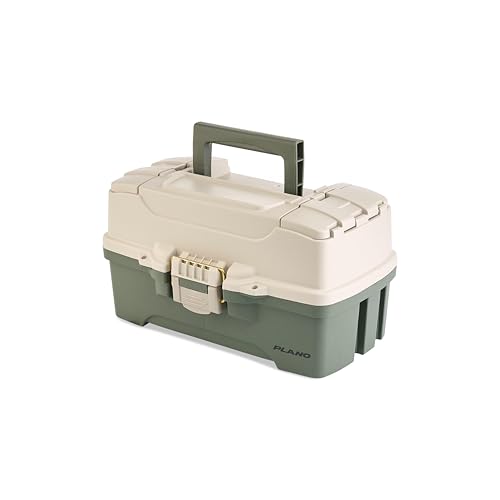 Image of Plano Two-Tray Tackle Box, Green /Tan, Rust-Proof Brass Latch, Top-Access Tray with Deep Storage, Made in the USA, Portable Fishing Gear Storage Organizer