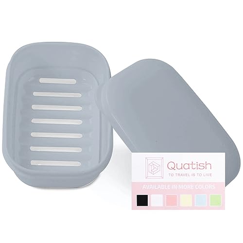 Quatish Leakproof Soap Dish with Lid & Draining Layer, Shatterproof Travel Bar Soap Holder Case Container, Portable Travel Size Toiletries Essentials for Camping, Gym, Bathroom, Greyblue