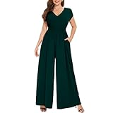 Tanmolo Damen Jumpsuit Elegant Sommer Ärmellos V-Ausschnitt Overall Weites Bein Romper Mit Taschen (Dunkelgrün, L)