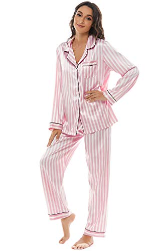 Escalier Womens 5Pcs Silk Satin Pajama Set Cami Pjs Sleepwear Button Down Pj Sets Loungewear Pink #TOP4