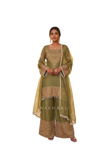 Image of PERFECT CHOICE WOMEN'S Heavy Natural Crep Silk Stitched Ethnic Salwar Kameez - Long Kurti with Embroidered Sleeves, Party & Festival Wear (SF251-ve115 Black1 XXL)