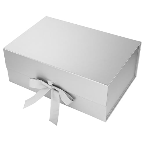 Image of Awestuffs Premium Silver Gift Boxes for Gift Packaging, Reusable Decorative Gift Boxes (23 x 16 x 10 cm) for Hampers, Weddings, Birthdays, Festivals & Corporate Gifts (Pack of 1)