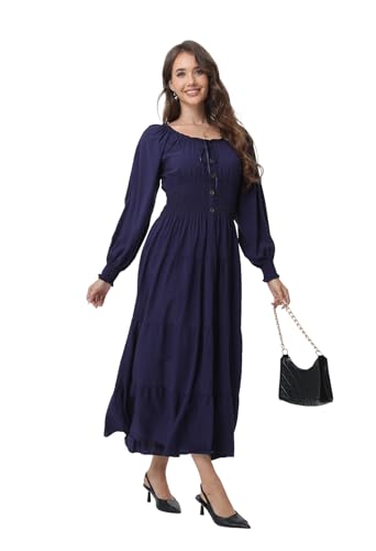Image of OSTOO Women's 2026 Casual Long Sleeve Square Neck Smocked High Waist Flowy Maxi Dress,Boho Tiered Beach Party Dress