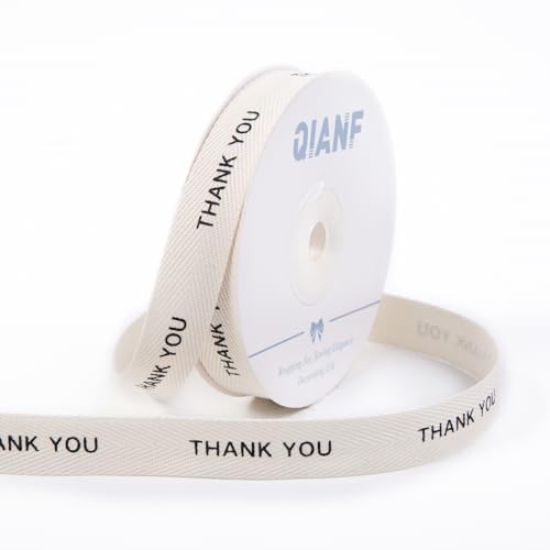 QIANF Custom Thank You Cotton Ribbon 5/8 Inch 15 Yards Natural Herringbone Twill Tape Ribbon for Wedding Birthday Gift Wrapping Baking Crafts Flower Bouquets Decor