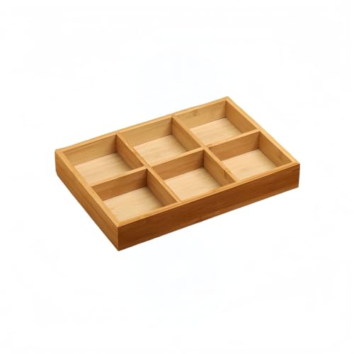 仕切り付き豆皿セット・陶磁器小皿&天然竹トレー|前菜皿/調味料皿/薬味皿/副菜皿に最適|和食器スクエアデザイン・寿司/刺身/お菓子盛り付け用・多用途プレート (6つ仕切り,D)