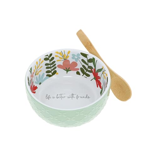 Pavilion Gift Company- Friends - 11oz 4.25" Floral Bowl and Spoon Set - Friend Family Appreciation Sentimental Housewarming Spring Kitchenware Serveware
