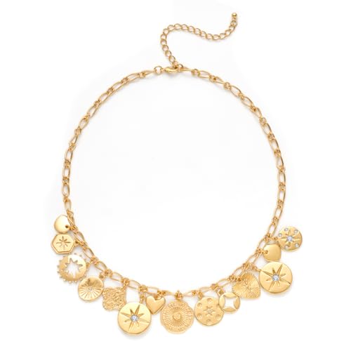 LILIE&WHITE Damen Halskette Gold – Vintage-Charms Kette mit 14 Anhängern, Allergiefrei & Farbtreu, Modischer Statement Schmuck für Frauen, Geschenkidee für Freundin