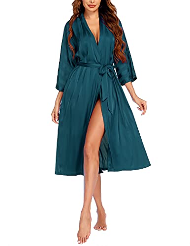 Ekouaer Satin Robe Set Women Long Kimono Oblique V-Neck Striped Dressing Gown Bridesmaids Robe Peacock Blue Small #TOP2