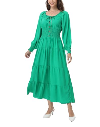 Image of OSTOO Women's 2026 Casual Long Sleeve Square Neck Smocked High Waist Flowy Maxi Dress,Boho Tiered Beach Party Dress