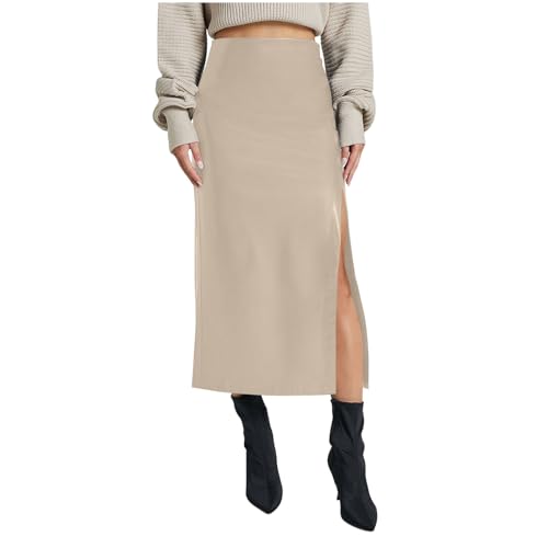 Womens Long Faux Leather Side Slit Skirt Solid Color Bodycon High Waist Slim Pencil Midi Skirt 2025 Trendy